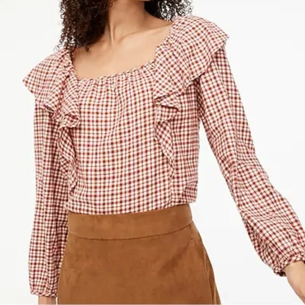 J. Crew Red Brown Plaid Ruffle Women's Square Neck Blouse - Picture 1 of 5